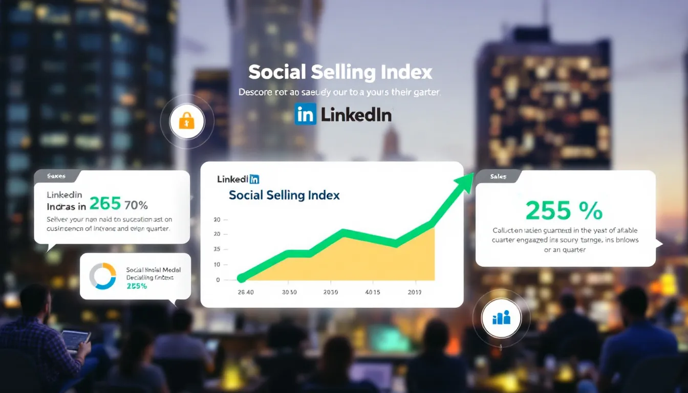 De afbeelding toont een grafiek die de stijging van de Social Selling Index score op LinkedIn illustreert, wat aangeeft dat professionals beter in staat zijn om relaties te bouwen, leads te genereren en waardevolle informatie te delen met potentiële klanten via sociale netwerken.