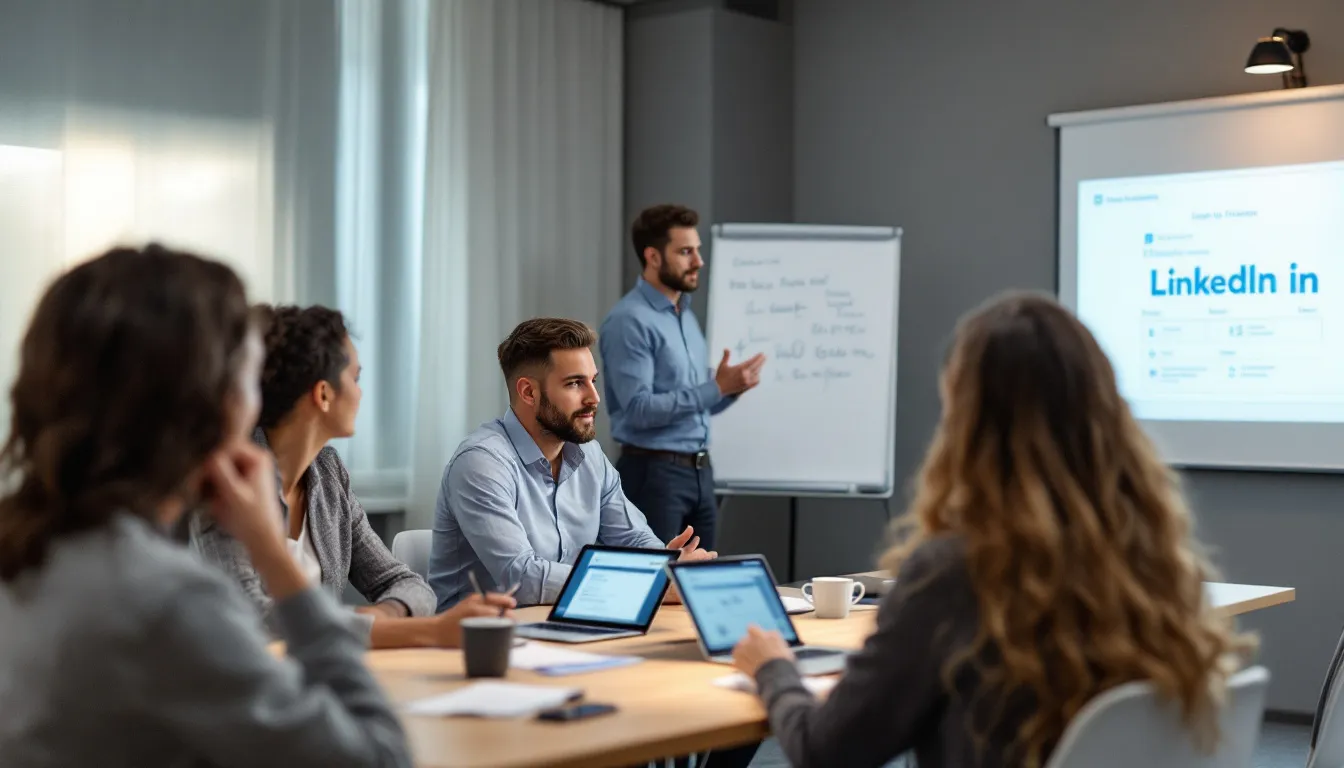 In de afbeelding is een sales team te zien dat actief deelneemt aan een LinkedIn training, geleid door een expert. De trainer legt de waarde van social selling uit, terwijl de teamleden aantekeningen maken en vragen stellen over het genereren van leads en het bouwen van relaties met potentiële klanten via sociale netwerken.